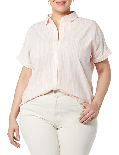 Goodthreads Damen Kurzärmeliges Blusenhemd aus Gewaschener Baumwolle, Elfenbein Rosa Vertikale Streifen, XS