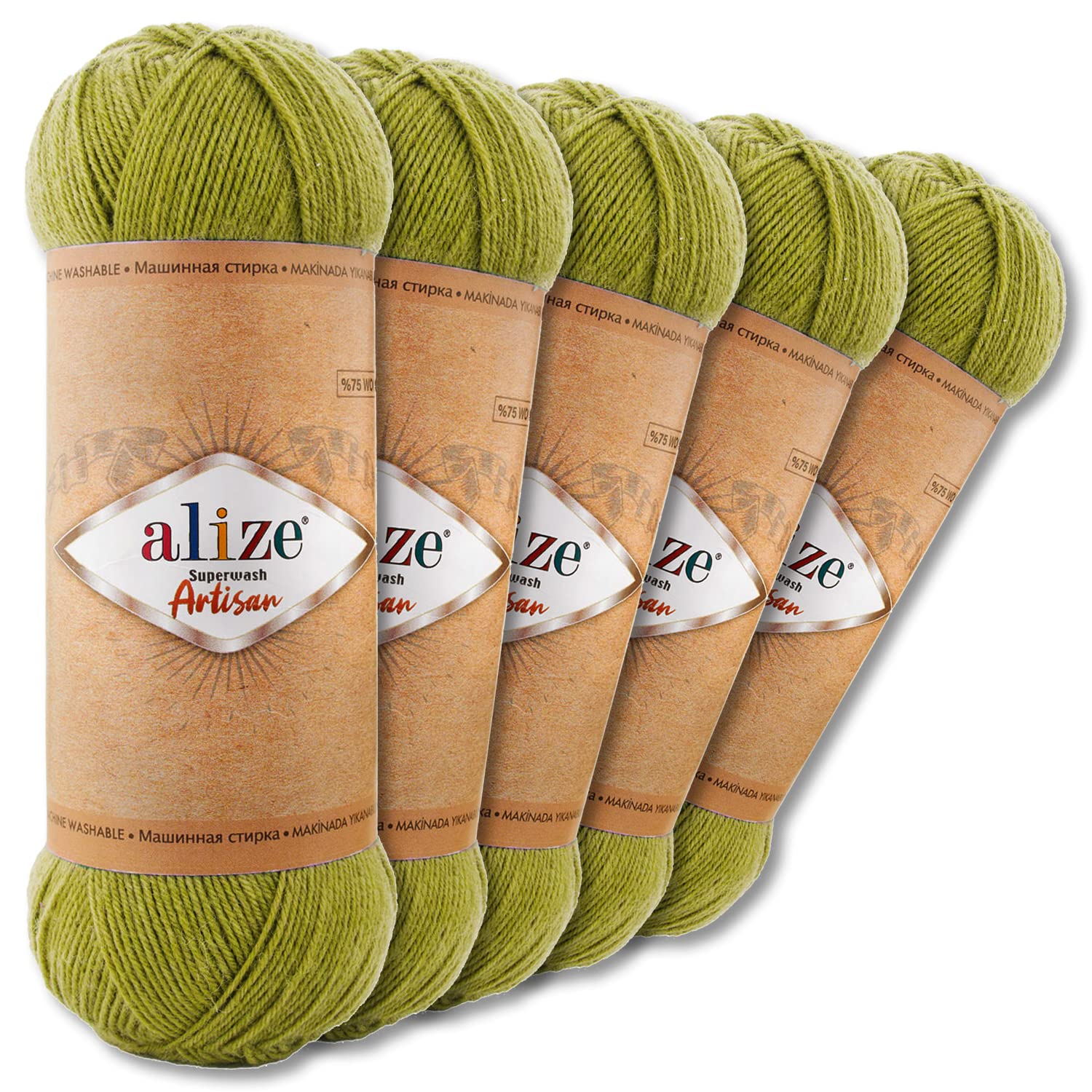 Wohnkult Alize 5 x 100 g Superwash Artisan Sockenwolle Premium 16 Auswahl Kontrast Häkeln Stricken (11 | Hellgrün)