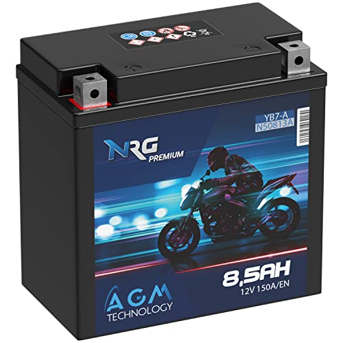 NRG Premium YB7-A AGM Motorradbatterie 8,5Ah 12V 150A/EN Batterie 50813 12N7-4A auslaufsicher wartungsfrei ersetzt 8Ah