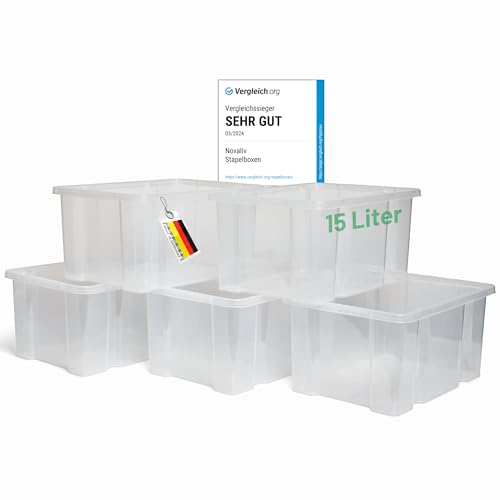 Novaliv 6x Aufbewahrungsboxen ohne Deckel 15L transparente Nestbar stapelbare Storage boxes Kunststoffbox BPA-frei 39x28,5x19,5 cm