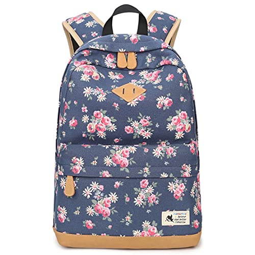 XMYNB Schulranzen Mode Flower Printing School Rucksack Kinder Schultaschen Für Mädchen Casual Laptop Rucksack-Blue