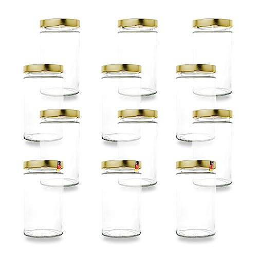Flaschenbauer - 12er Set Vorratsgläser 720ml | 82mm Deep-Schraubdeckel | Einmachgläser mit Golden Deckeln | Perfekte Vorratsdosen aus Glas zum Einkochen & Aufbewahren von Obst, Gemüse und Gewürzen