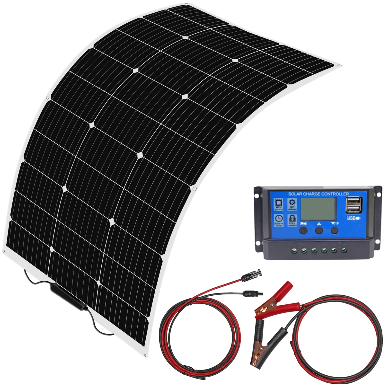 Flexible Solarpanel Kit 100W 12V Monocrystalline Solarmodul 10A Solar Laderegler für Auto, RV, Boot, Wohnwagen, Hause Dach 12v Solar Ladegerät(100W solarpanel kit)