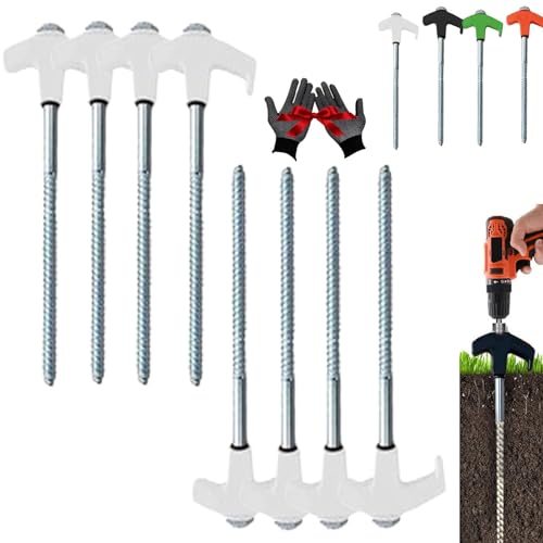 8" Screw in Tent Stakes - Ground Anchors Screw in, Tent Stakes Heavy Duty, Screw in Tent Stakes Heavy Duty, Tent Stakes for Camping Patio, Garden, Canopies, Grassland (8Pcs - White)