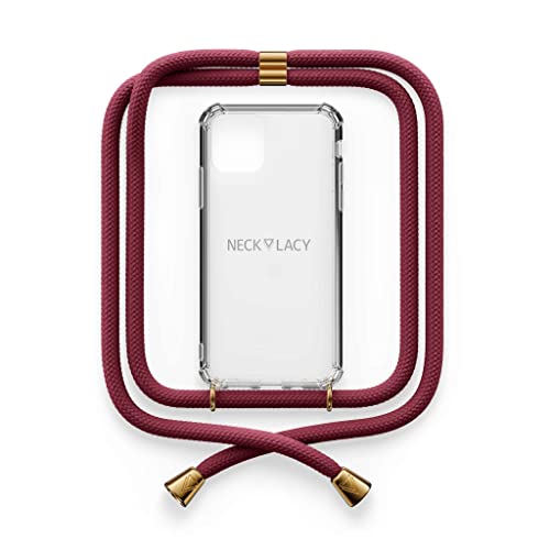 NECKLACY® - Die Premium Handykette für Apple iPhone 13 in Berry | transparente Handyhülle mit hochwertiger Kordel zum Umhängen - Smartphone Crossbody Case