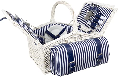 Trendyshop365 Picknickkorb Set 25-teilig mit Geschirr für 4 Personen und Picknickdecke Blau-Weiß