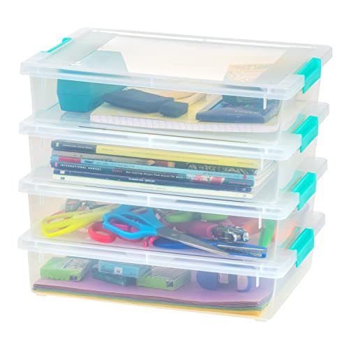 Iris USA Große Clip-Box, 4 Stück, transparente Kunststoff-Aufbewahrungsbehälter mit Verriegelungsdeckel, Organisationsbehälter für Zuhause, Büro und Schulbedarf, stapelbar, blaue Schnallen in