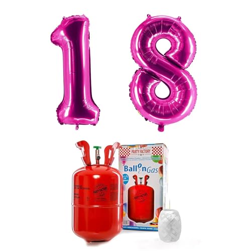 PARTY FACTORY Helium Set "18" mit XXL Zahlenballons, Ballongas und Ballonschnur - für Geburtstag, Jubiläum, Jahrestag; Gold, Silber, Schwarz, Pink, Rosa, Rosagold, Bunt (Pink)
