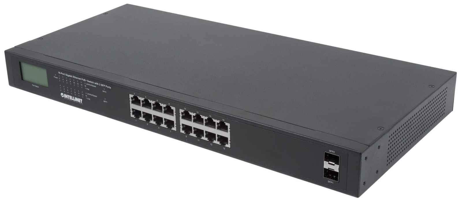 Intellinet 16Port Gigabit Ethernet PoE Switch mit 2 SFPPorts LCDAnzeige IEEE 802.3at/af Power over Ethernet (PoE/PoE)konform 370 W Endspan 19 Rackmount 19 Zoll 561259 schwarz