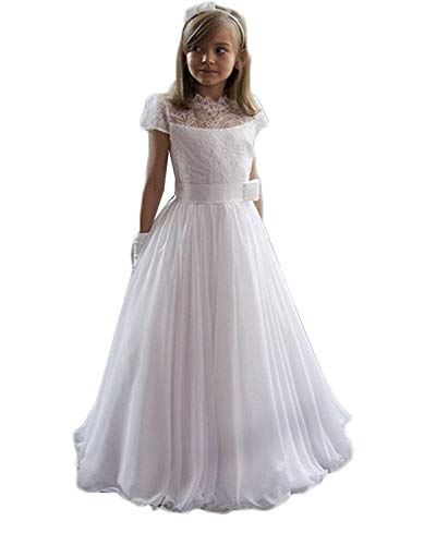 Carnivalprom Mädchen Prinzessin Blumenmädchenkleider Brautjungfern Kleider für Hochzeit Kinderkleid Spitze Kommunionkleid Mit Kurzarm Partyskleid(Weiß,11-12 Jahre)