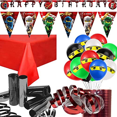 85-teiliges Deko-Set * NINJAGO * mit Tischdecke + Wimpelkette + Partykette + Luftballons + Luftschlangen | Ninja Kindergeburtstag Deko Kinder Geburtstag