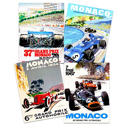 Monaco Grand Prix Classic Racing Motor Sport Advert MIxed Home Decor Premium Wall Art Poster Pack of 4 Klassisch Rennen Werbung Zuhause Deko Wand