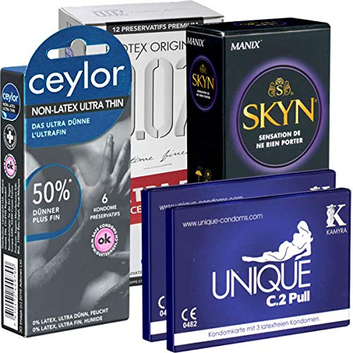 Der Latexfreie Kondomotheke®-Mix 4A - 4 verschiedene Sorten latexfreie Kondome für Allergiker - hypoallergene Kondome ohne Latex, 34 Stück