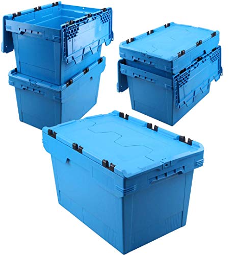Set, 5x Mehrwegbehälter mit Klappdeckel, blau, verplompbar, LxBxH 600x400x350 mm, 58 Liter