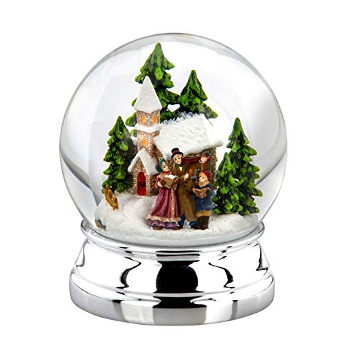 H.Bauer jun. große versilberte Glas Schneekugel mit Farbiger Winterlandschaft und Sänger Ø 10 cm - Winter-Weihnachts-Deko