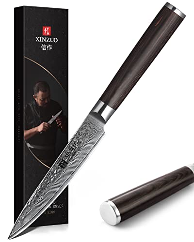 XINZUO Damast Messer Allzweckmesser 12,3cm Japanischen High Carbon VG-10 Damast Edelstahl Chef Küchenmesser Hochwertigem Rasiermesser mit Pakkawood Griff - He Serie