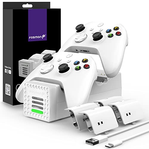 Fosmon Quad PRO 2 Ladestation Kompatibel Mit Xbox Series X/S, Xbox One/One X/One S Elite Controllers, Dual Docking Station + 2 Akku Ladegerät, 4 x 2200mAh Wiederaufladbare Batterie - Weiß