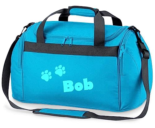 minimutz Sporttasche mit Pfoten | Personalisiert mit Namen | Sporttasche für Tierliebhaber Kinder | Hundetasche für die Tierpension | Reisetasche und Urlaubs-Tasche für Tiere (türkis)
