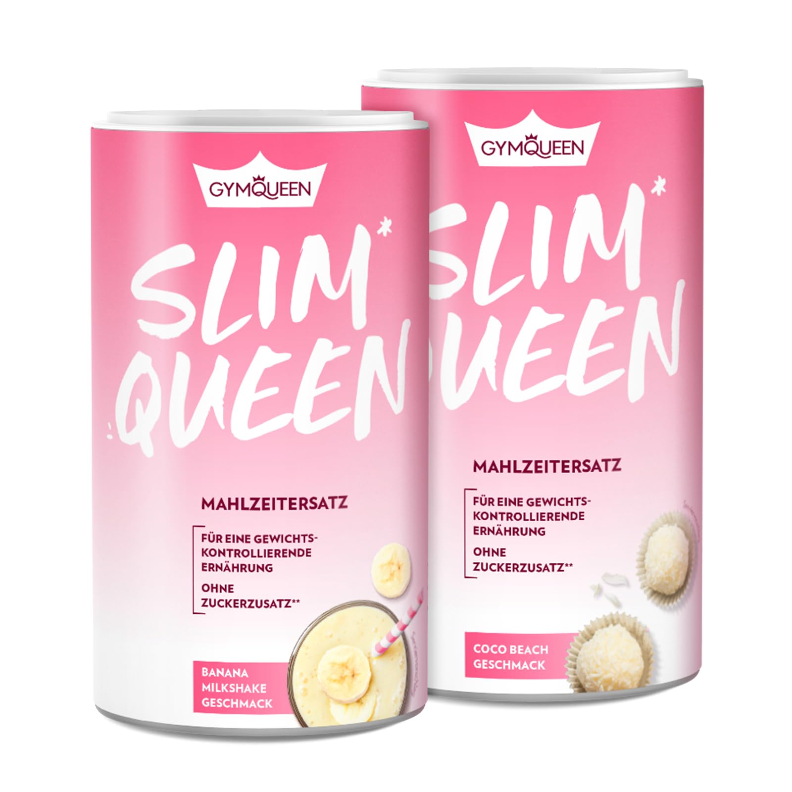 GymQueen Slim Queen Abnehm Shake 2x420g, Banana Milkshake + Coco Beach, Leckerer Diät-Shake zum einfachen Abnehmen, Mahlzeitersatz mit wichtigen Vitaminen und Nährstoffen