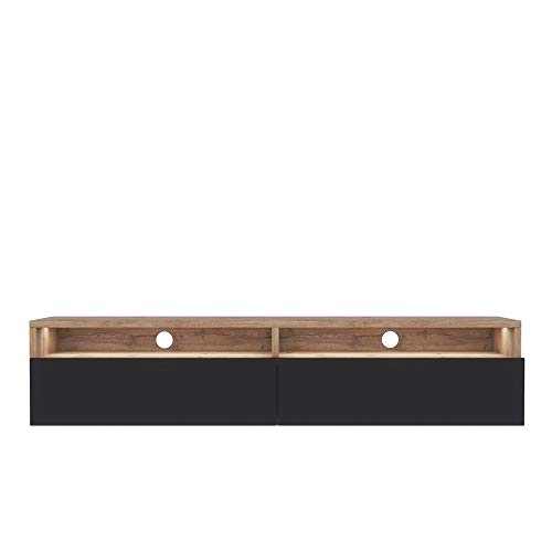 Selsey REDNAW - TV-Schrank/modernes TV-Board für Wohnzimmer, stehend/hängend, 140 cm breit (Wotan Eiche Matt/Schwarz Hochglanz mit LED)