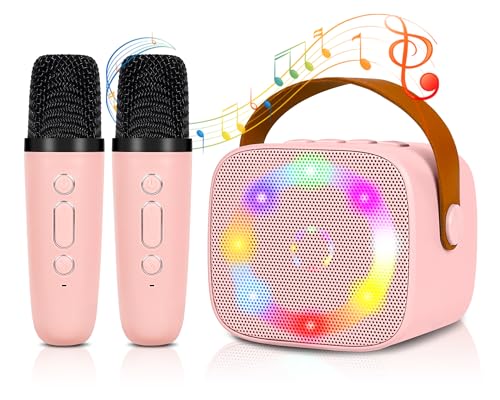 Karaoke Maschine Mini Tragbares Bluetooth Karaokemaschinen mit 2 Kabellosen Mikrofonen für Kinder Erwachsene mit Stimme wechselnde Effekte & LED Lichteffekten Jungen Mädchen Geschenke Heimparty (Rosa)
