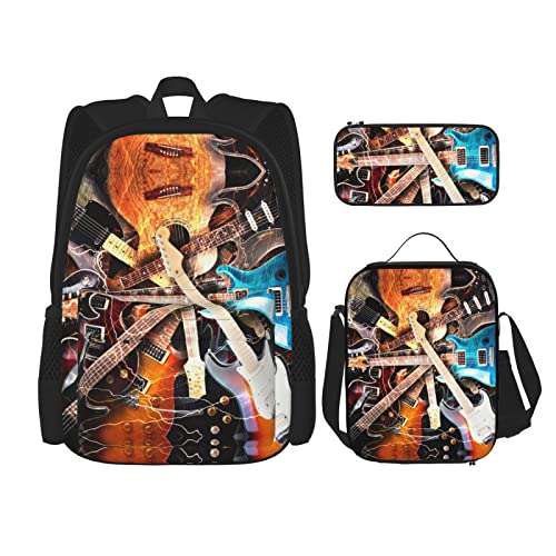 Lawenp Musik Gitarre Schultasche Set aus DREI Cross Lunch Bag Pencil Bag Set Schultasche für Jungen und Mädchen