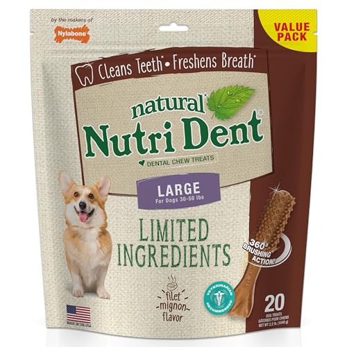 Nutri Dent Limited Zutat Dental Dog Chews - Large Size - Filet Mignon or Fresh Atem Aromen, 20 Ct, Filet Mignon