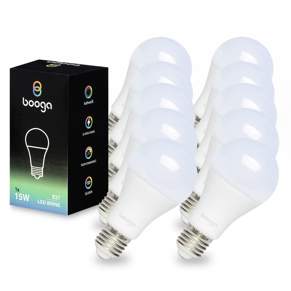 Booga LED E27 Glühbirne Leuchtmittel - 15 Watt - kaltweißes Licht - 6500K - Milchglas - Energiesparlampe - LED-Birne - 220-240V AC, 10er Set