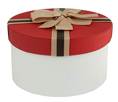 Emartbuy 20 x 11 cm runde Geschenkbox, weiße Box mit rotem Deckel und gestreiftem braunem Band