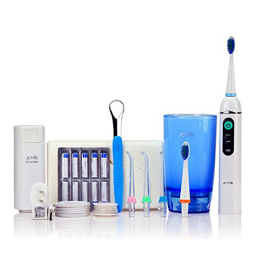 JETPIK 200 (Ultra) 3 in 1 System: Elektrische Zahnseide mit Impuls - Munddusche und Schallzahnbürste in einem Handstück - zur Reinigung der Zahnzwischenräume aufladbar mit Reiseset
