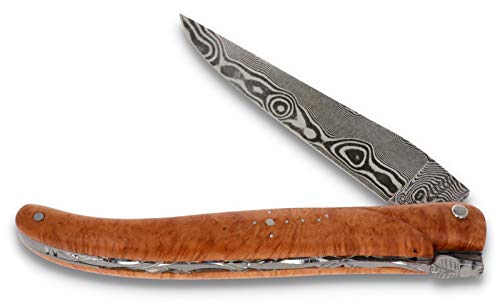 LAGUIOLE en Aubrac Messer 12 cm - Griffschalen Bruyère Plein Manche - Zisellierte Platine - Damastklinge - Frankreich Taschenmesser