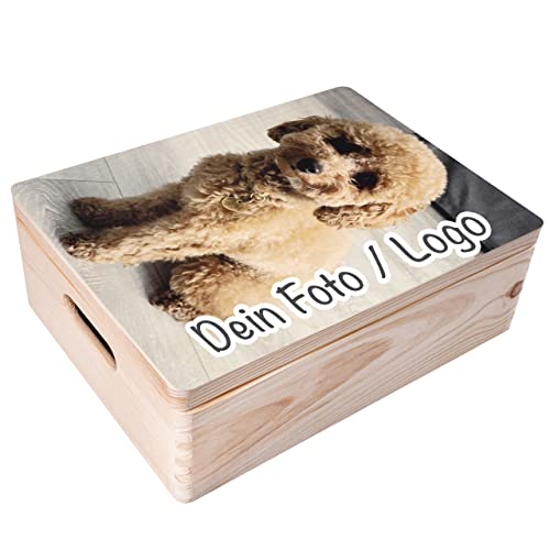 Creative Deco Foto oder Logo Personalisiert Holzkiste | 40 x 30 x 14 cm | Laden Sie Ihr eigenes Bild hoch | Geschenkkiste Geschenkbox Spielzeugkiste Holzbox mit Deckel | Groß Natur Geschenk Kasten