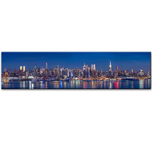 HONGC Leinwanddruck Skyline von New York City Leinwandbilder Nachtansicht Landschaft Wandbilder für Wohnzimmer Wandkunst Poster und Drucke 50x150cm / 19.6"x59.1 Kein Rahmen