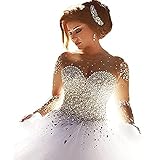 Carnivalprom Damen Prinzessin Hochzeitskleider Strass Perlstickerei Brautkleider Brautmode Lange(Weiß,50)
