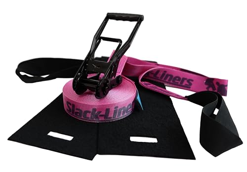 4 Teiliges Slackline-Set neon PINK - 50mm breit, 25m lang - mit Langhebelratsche - Slack-Liners - Made in Germany
