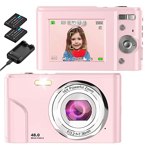 Digitalkamera, Bofypoo Fotokamera Autofokus 32G Karte FHD 1080P 48MP mit 16-fachem Digitalzoom, Kompaktkamera Tragbare Minikamera für Jugendliche, Kinder, Studenten, Anfänger (Rosa)