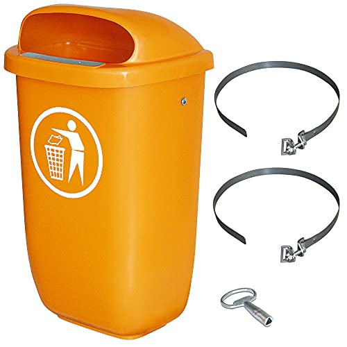 Abfall-Behälter für den Außenbereich, Inhalt 50 Liter, nach DIN 30713, im Komplettset mit Schellenband zur Pfahlbefestigung