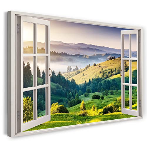 Printistico Leinwandbild (80x60cm) Fensterblick - Hügel Landschaft Sommer Nebel Sonnenaufgang - Natur-Fotografie, echter Holz-Keilrahmen inkl. Aufhänger, handgefertigt in Deutschland