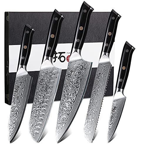 TURWHO Messerset Messerblock,5-teiliges Küchenmesser Set,Damaststahl-Küchenmesser-Set mit Block aus Holz (5 Teiliges Küchenmesser)