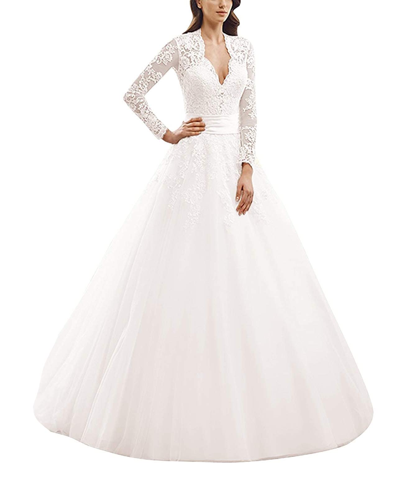 Brautkleid Lang Prinzessin Damen Hochzeitskleider Vintage Spitze Kleid mit Lange Ärmel A-Linie Weiß EUR38