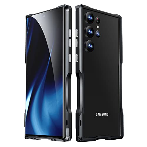 Aluminiumrahmen Hülle für Samsung Galaxy S23 Ultra, Metall-Bumper mit Weichem Innen-Bumper [Keine Signalstörungen][Unterstützt Kabelloses Laden] Cooles Design,Black