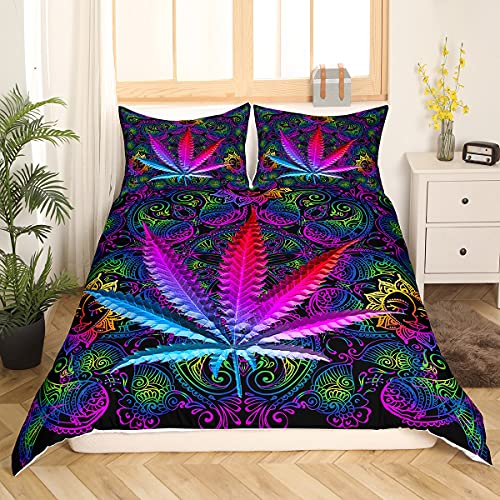 Boho Mandala Bettbezug Set für Mädchen Jungen Teenager Marihuana Weed Betten Set Cannabis Blätter Bettwäsche Set 155x220cm Lebendiges böhmisches exotisches Blumendekor 2St