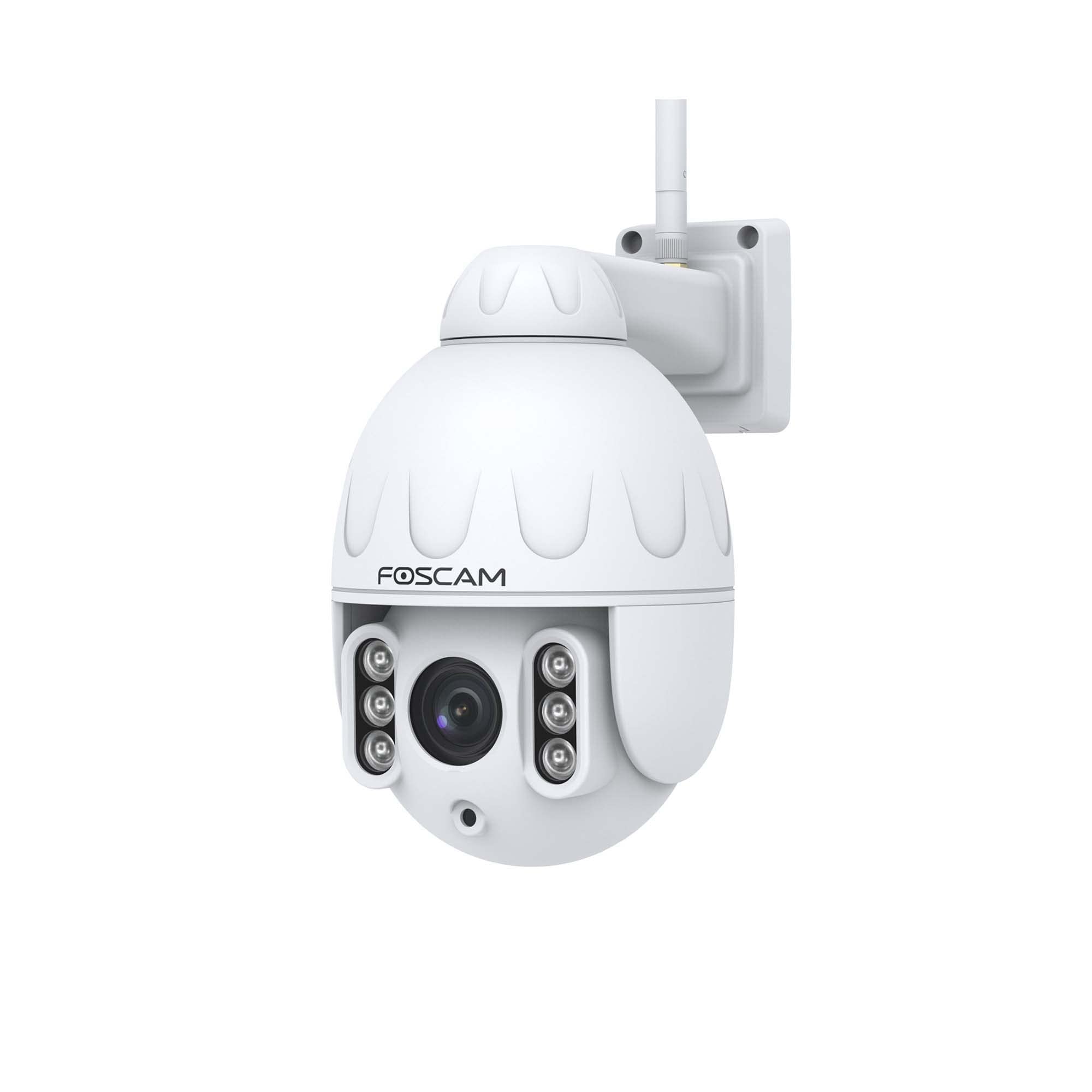 Foscam IP-SD4-Überwachungskamera, WLAN, Dome, PTZ-Drehung, 4 MP, optischer Zoom, horizontal 350°/vertikal 90°-Nachtsicht, 50 m, IP66, kompatibel mit Alexa & Goggle Assistant – Weiß, 1 Unité (Lot de 1)