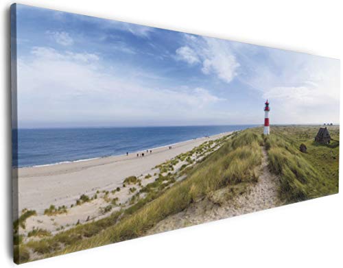 Wallario XXL Leinwandbild Am Strand von Sylt Leuchtturm auf der Düne Panorama - Wandbild 60 x 150 cm Brillante lichtechte Farben, hochauflösend, verzugsfrei, Kunstdruck