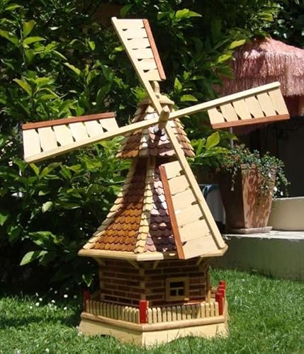 XL Premium-Windmühle Holzwindmühle, Windmühlen Garten, imprägniert + kugelgelagert 1 m groß Hellbraun braun hell + Natur mit/ohne Solarbeleuchtung