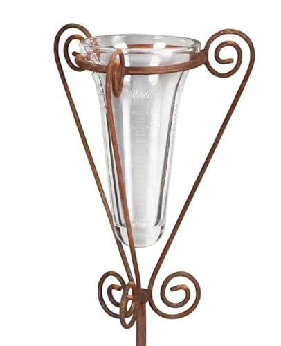 Hirsch Terracotta Regenmesser mit Glas Höhe 125 cm für den Gartenliebhaber incl. Universalstab filigran, Metallstab, stabil robust freistehend