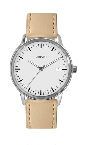 Aristo Unisex Quarz-Armbanduhr - Beige farbendes Lederarmband und poliertem silberweißem Edelstahl Ziffernblatt mit Front aus Mineralglas - Made in Germany