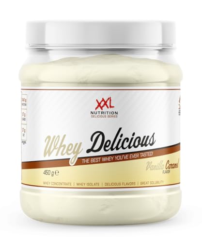 XXL Nutrition - Whey Delicious Protein Pulver - Leckerste Shake - Eiweiss Pulver, Whey Protein Isolat & Konzentrat - Hohe Qualität - 78,5% Proteingehalt - Vanille Karamell - 450 Gramm