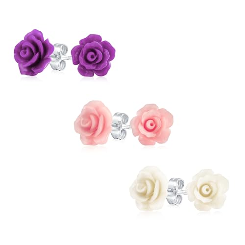 Set Von 3 Romantischen Zarten Floralen Blühenden 3D-Geschnitzten Rosa Lila Weißen Rosenblüten Ohrsteckern Für Frauen Für Teenager Für Mütter Versilbert