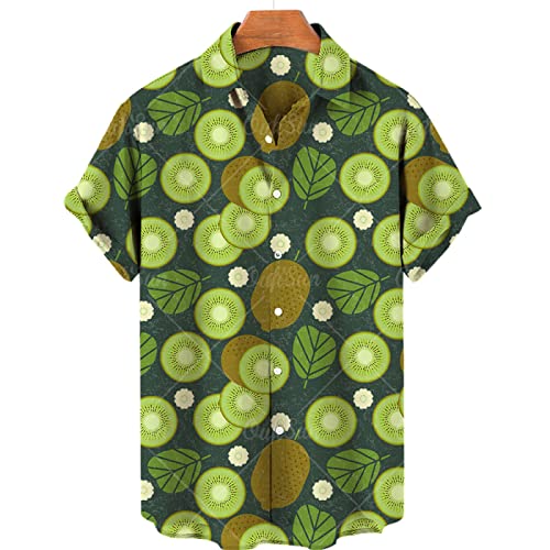 SHOUJIQQ Herren Hawaiian Shirt Aloha Hemden-Kiwi-Frucht-Print Kurzarm-Shirts Sommer Strand Lässig Button Down Top Bluse Für Unisex Holiday Party Street Shirts, Grün, Xx, Groß